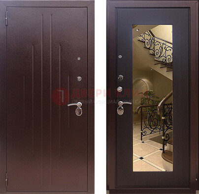 Бордовая металлическая дверь с зеркалом МДФ внутри ДЗ-17 Кириши