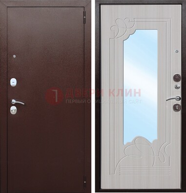 Коричневая металлическая дверь с зеркалом МДФ внутри ДЗ-33 Кириши