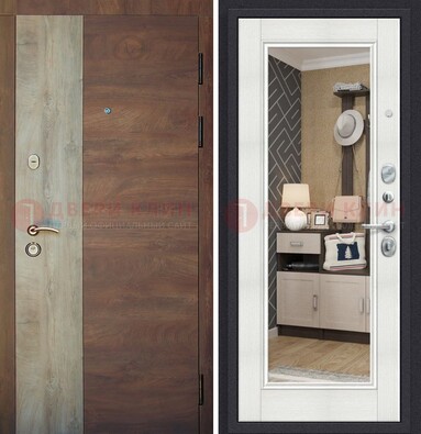 Коричневая металлическая дверь с терморазрывом и зеркалом ДЗ-45 Кириши