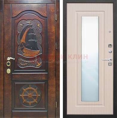 Темная уличная дверь с резьбой и зеркалом внутри ДЗ-49 Кириши