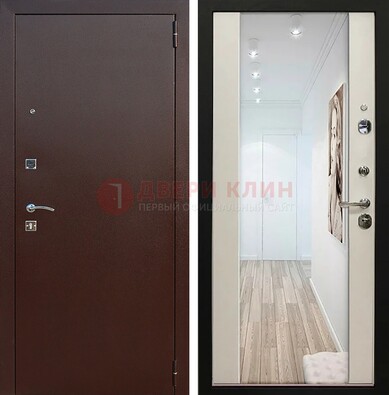 Коричневая дверь с порошковым напылением со светлым МДФ и зеркалом ДЗ-62 Кириши