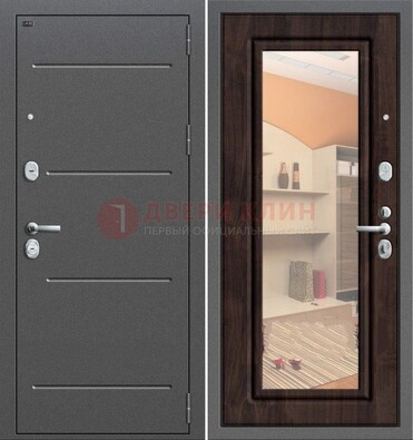 Серая стальная дверь с зеркалом винорит внутри ДЗ-6 Кириши
