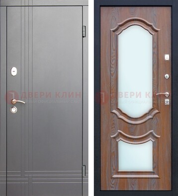 Серая входная дверь со светлой МДФ и зеркалами внутри ДЗ-77 Кириши