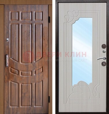 Коричневая уличная дверь c виноритом и терморазрывом МДФ Беленый дуб  с зеркалом ДЗ-97 Кириши