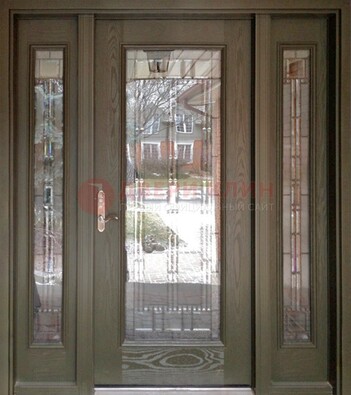 Коричневая стальная дверь с массивом дуба с витражом ВЖ-16 Кириши