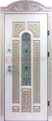 Белая железная дверь с МДФ и витражом ВЖ-26 Кириши
