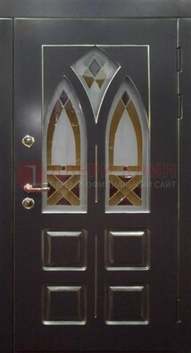 Чёрная железная дверь с МДФ и витражом ВЖ-27 Кириши