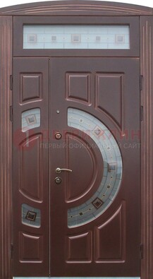 Коричневая двухстворчатая железная дверь с МДФ и витражом ВЖ-29 Кириши
