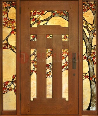 Коричневая железная дверь с МДФ и витражом ВЖ-30 Кириши