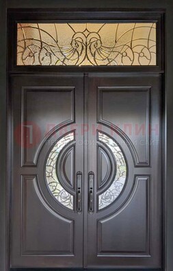 Чёрная двухстворчатая железная дверь с МДФ и витражом ВЖ-38 Кириши