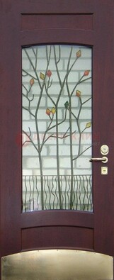 Бордовая стальная дверь с витражом и декоративным элементом ВЖ-3 Кириши